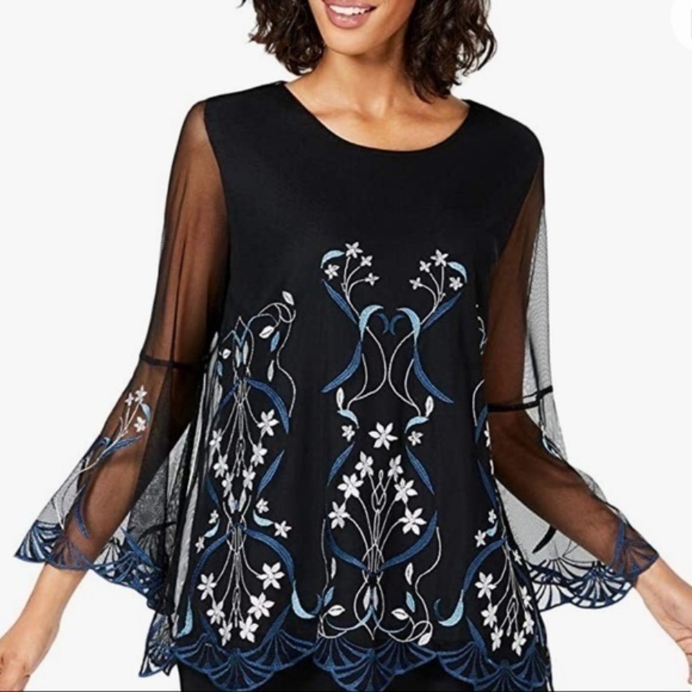 Alfani black top embroidered with floral pattern EUC size PM